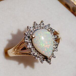 Vintage 10K Gold Opal Teardrop Pear Diamond Halo Ring Size 6